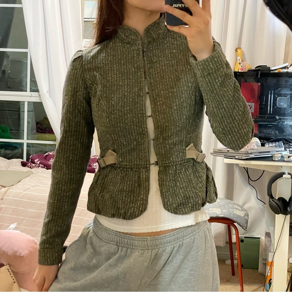 green vintage blazer jacket with mock neck and waist strap details